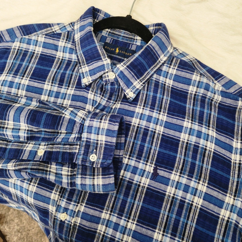 Ralph Lauren Button Down Shirt Mens XXL Blue Plaid Excellent Long Sleeve Cotton